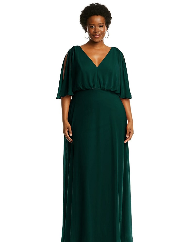 Front of a model wearing a size 20W V-Neck Split Sleeve Blouson Bodice Maxi Dress in Evergreen by After Six. | dia_product_style_image_id:267028